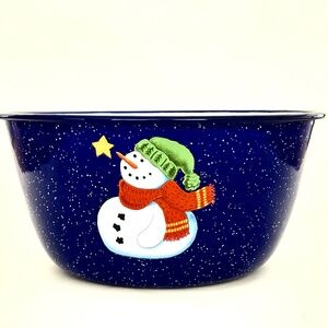 Gooseberry Patch 2000 Enamelware Christmas Winter Blue Snowman Snack Bowl